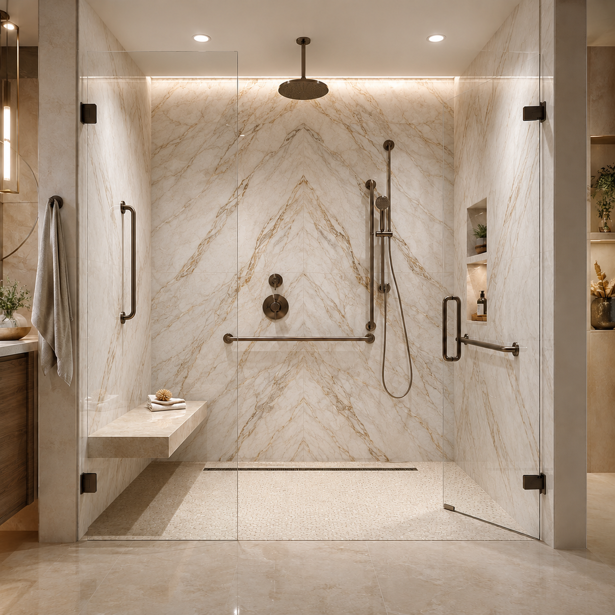 walk in shower with glass doors and book matched marble |Just Bathrooms 636 | O'Fallon MO walk in shower with glass doors and book matched marble |Just Bathrooms 636 | Ofallon MO