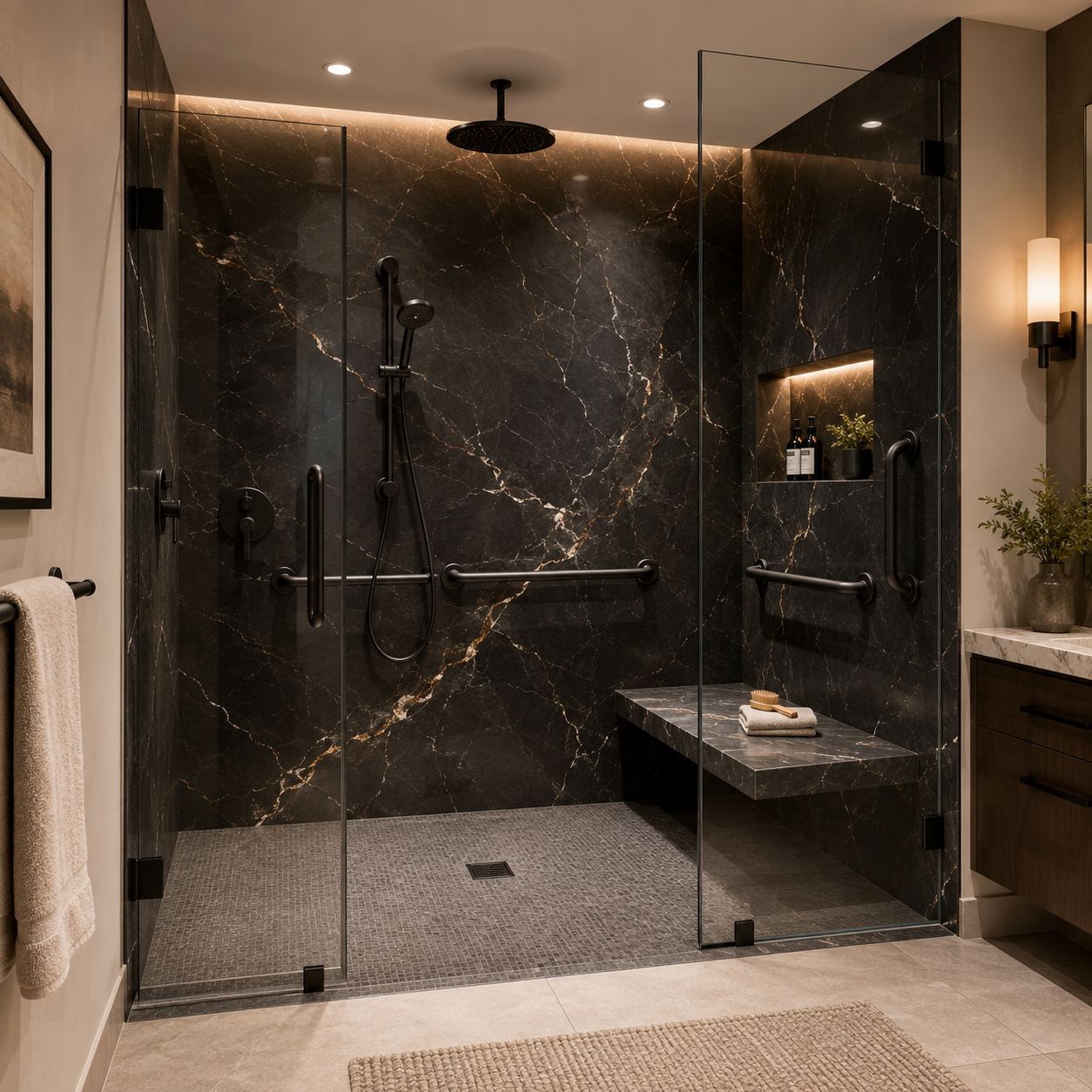 Walk in shower with black onyx walls and glass shower doors | Just Bathrooms 636 | O'Fallon MO walk in shower with glass doors for aging in place | Just Bathrooms 636 | O'Fallon MO