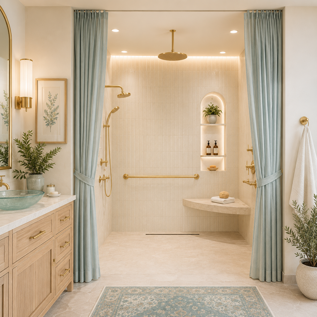 walk in shower with mint green curtains and white tile |Just Bathrooms 636 | O'Fallon MO walk in shower with mint green curtains and white tile |Just Bathrooms 636 | O'Fallon MO