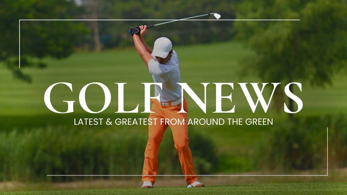 A golfer in orange pants swings a club on a green golf course, with 