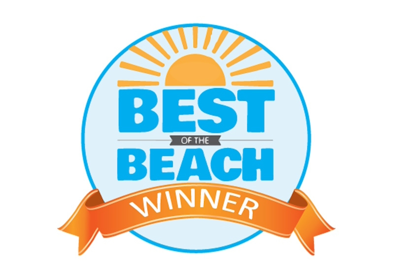 "Best of the Beach Winner" badge with a sun, blue circle, and orange ribbon.