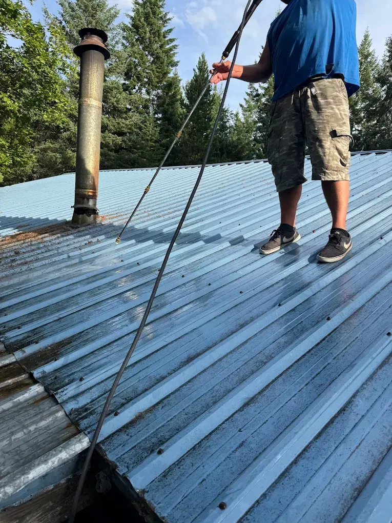 Person on a metal roof uses a tool to clean the surface; chimney and trees in background.