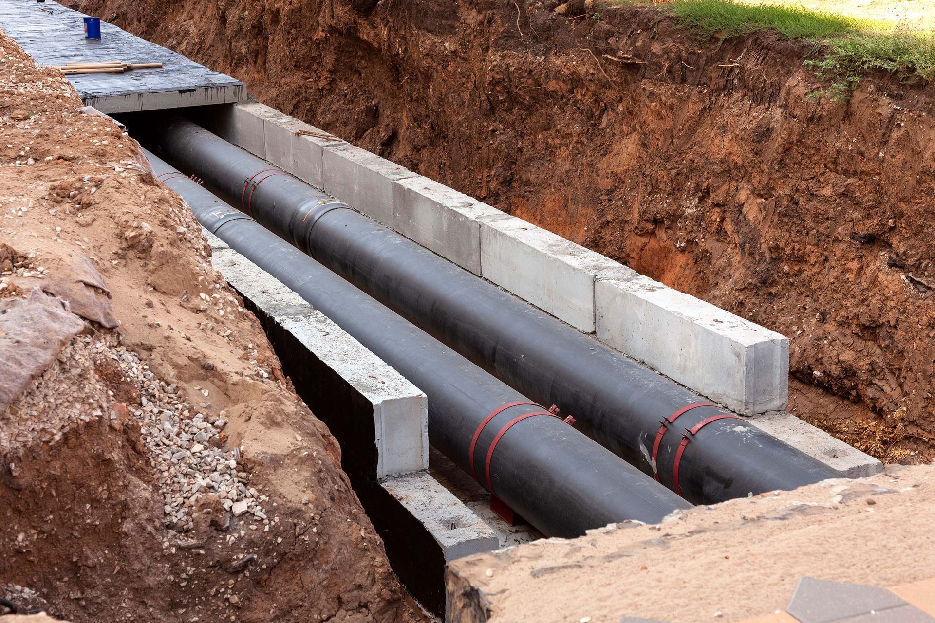 Two black pipes are being installed in a trench.