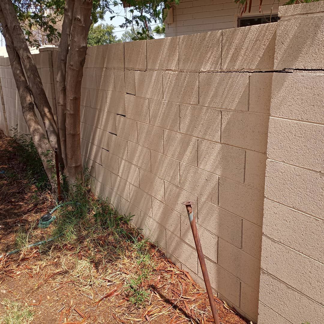 A brick wall with a tree in the background