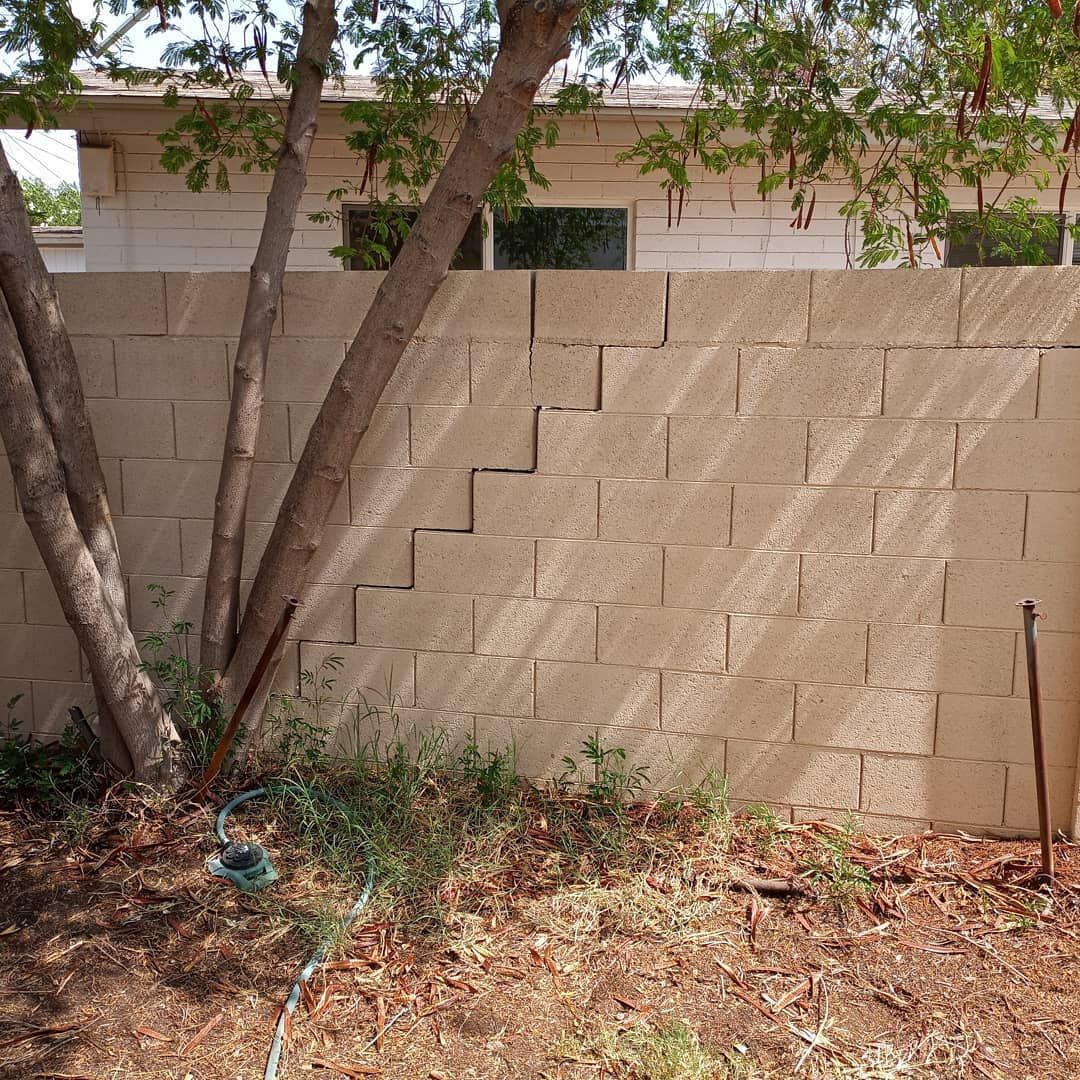 A brick wall with trees in front of it and a house in the background.