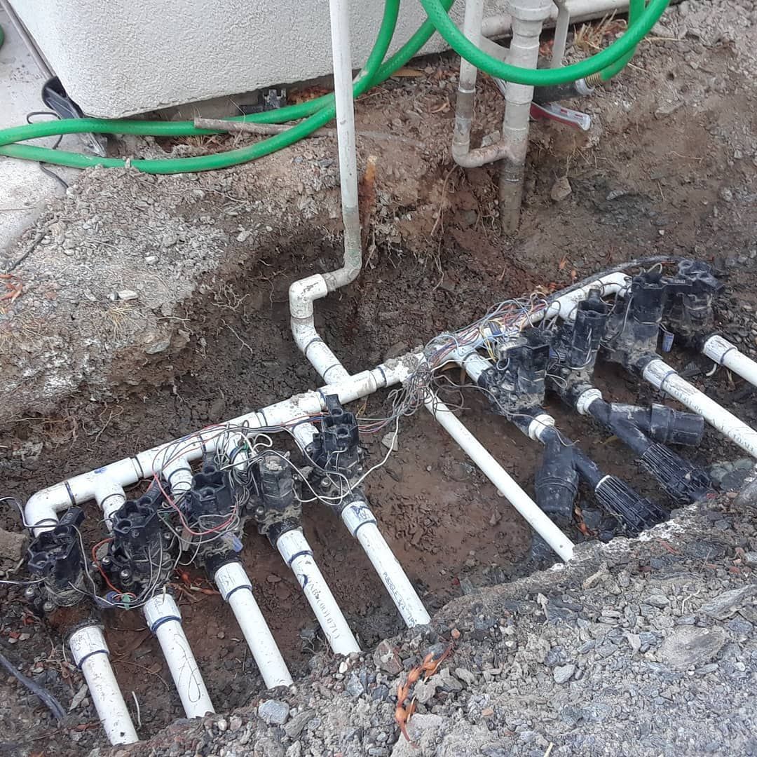 A bunch of pipes are laying in the dirt next to a green hose.