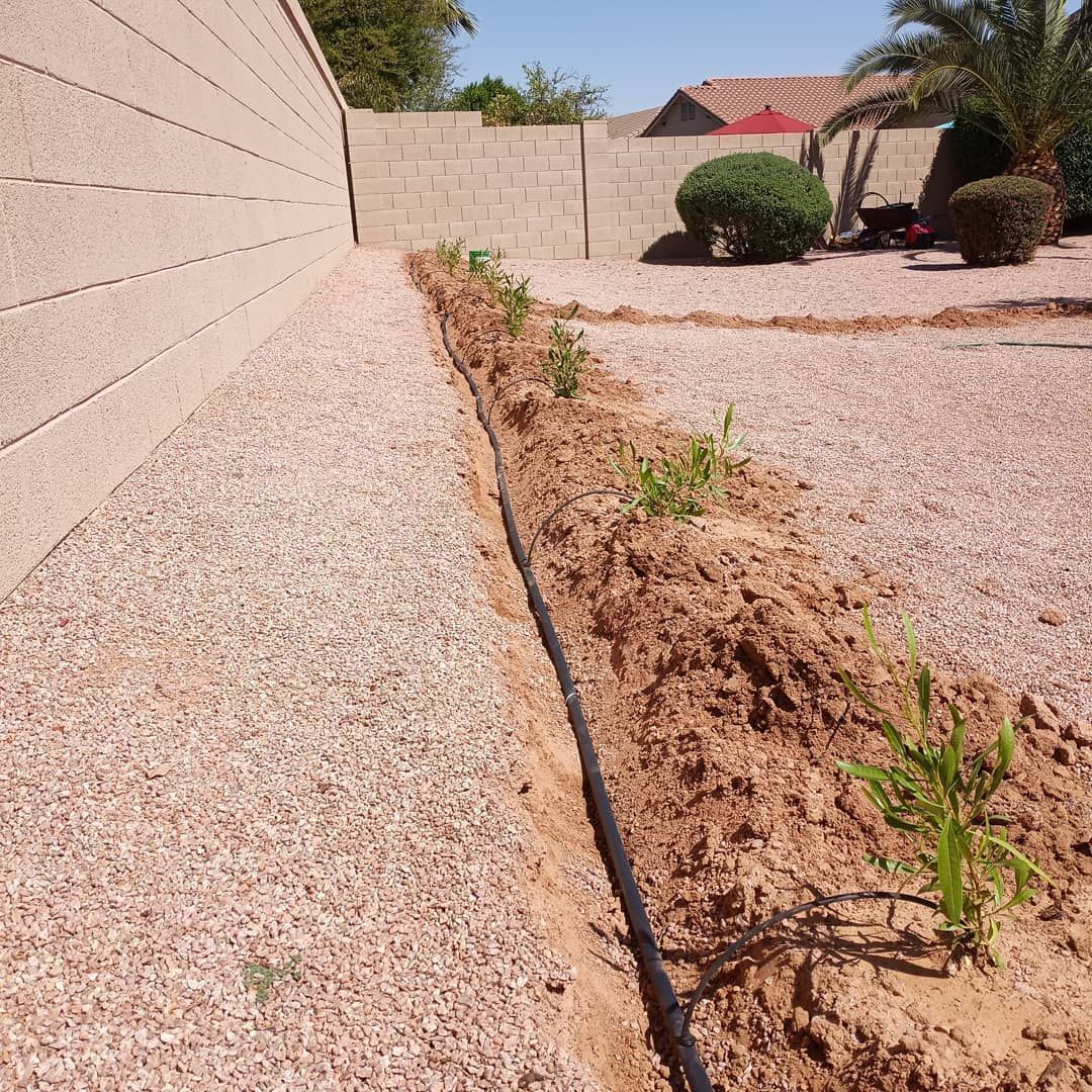 A hose is laying in the dirt next to a brick wall.