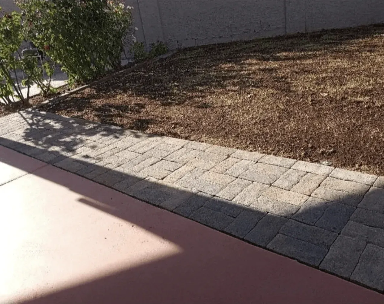 A brick walkway leading to a grassy area with a bush in the background.