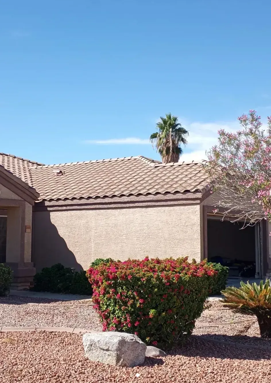 A house with a palm tree in the background