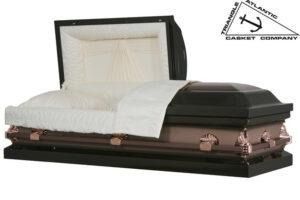 Open black and copper casket with white interior lining.