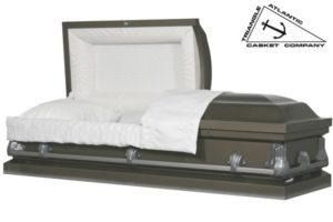 Open metallic casket with white interior and bedding; Triangle Atlantic Casket Company logo in the corner.