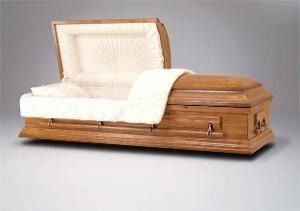 Open wooden casket with white interior lining.