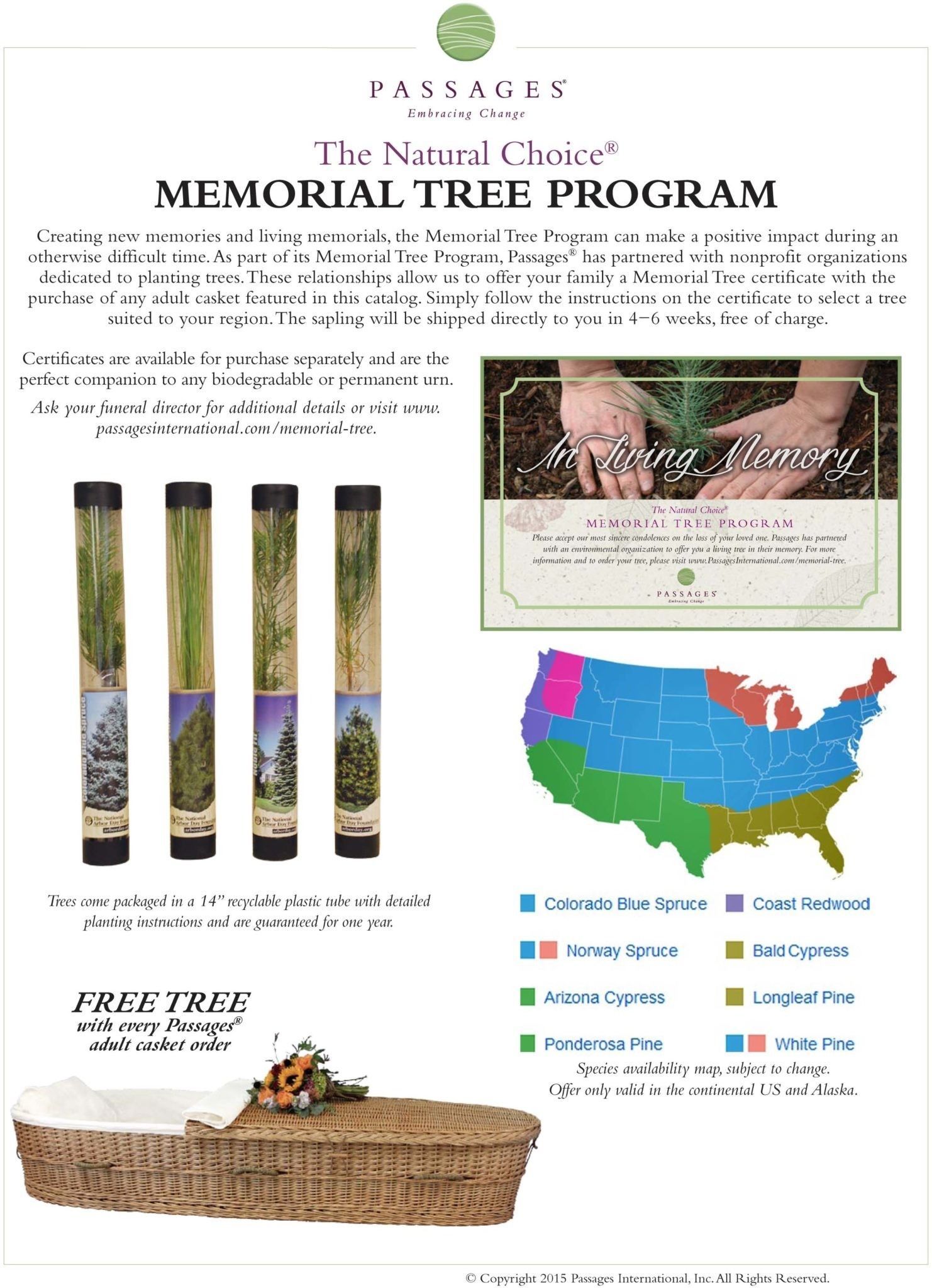 Memorial Tree Program ad: tubes of seedlings, a map, hands planting, a woven coffin.