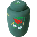 Green urn with floral design and a lid.