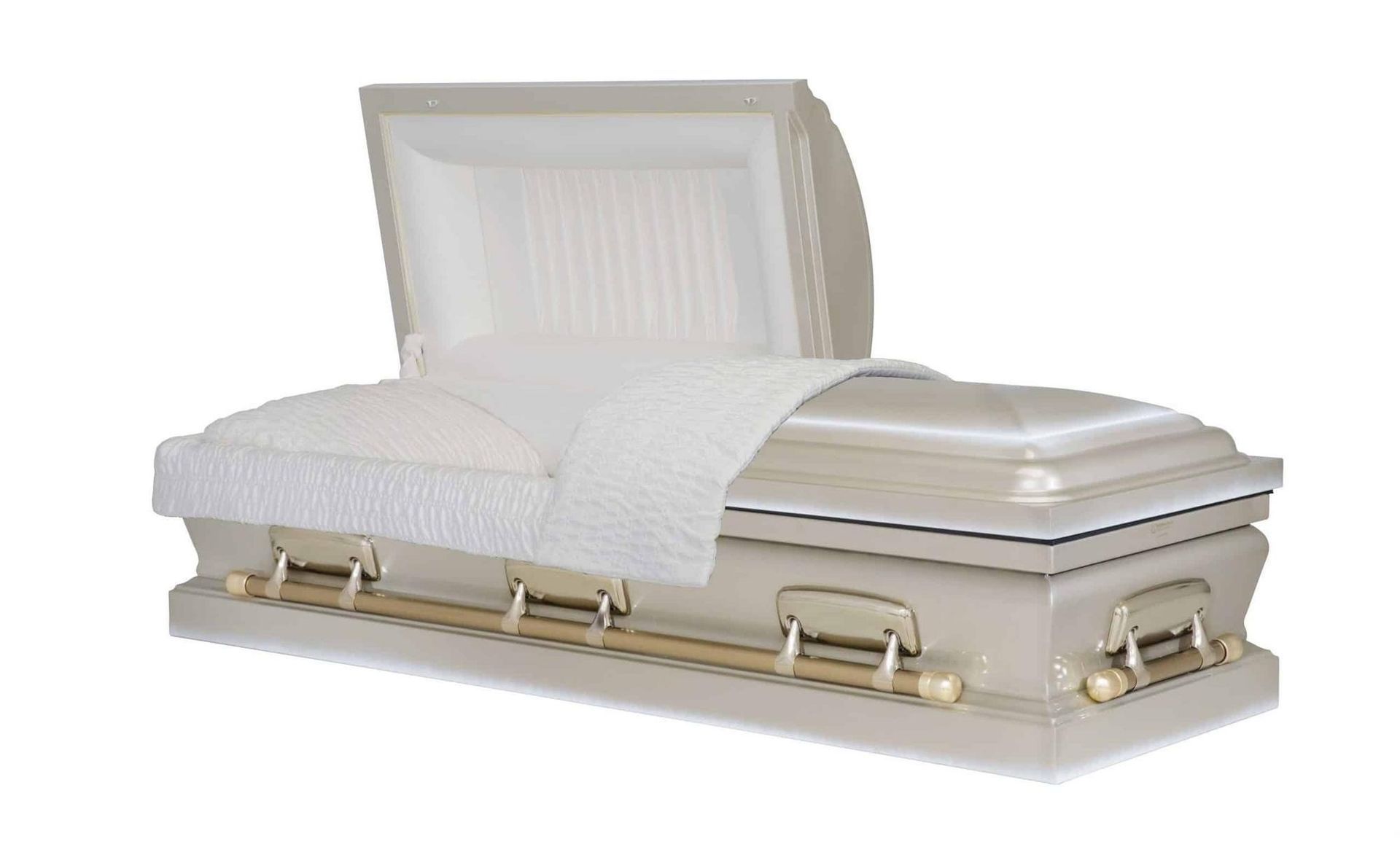 Open, tan-colored casket with white interior lining and handles.