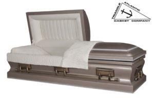 A metallic-bronze casket, partially open, with a white interior.