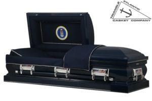 Dark blue casket with open lid, featuring the US Air Force emblem and Atlantic Casket Company logo.