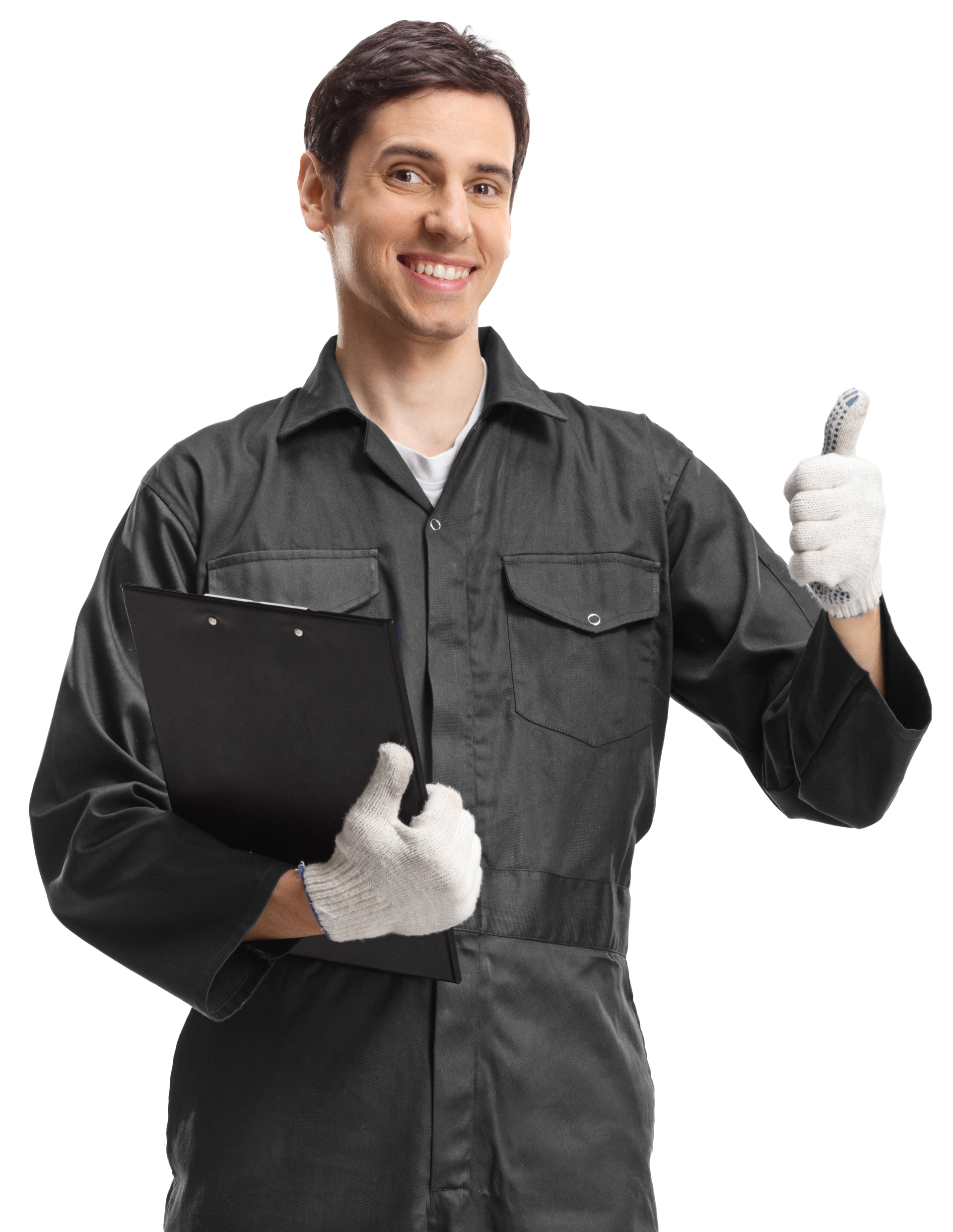 A man in a black jumpsuit is holding a clipboard and giving a thumbs up.