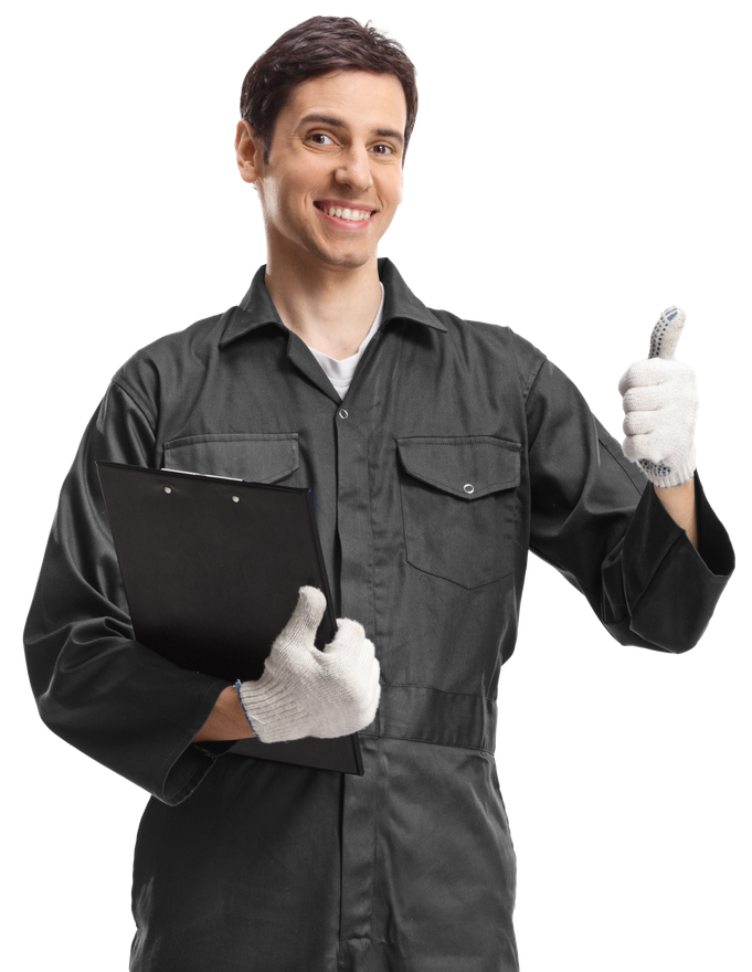 A man in a black jumpsuit is holding a clipboard and giving a thumbs up.