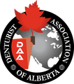 Logo for the Denturist Association of Alberta: red maple leaf, globe, and black text on a circular background.