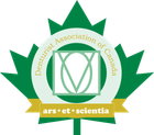 Green maple leaf logo of the Denturist Association of Canada. Contains a central design and gold banner with Latin text.