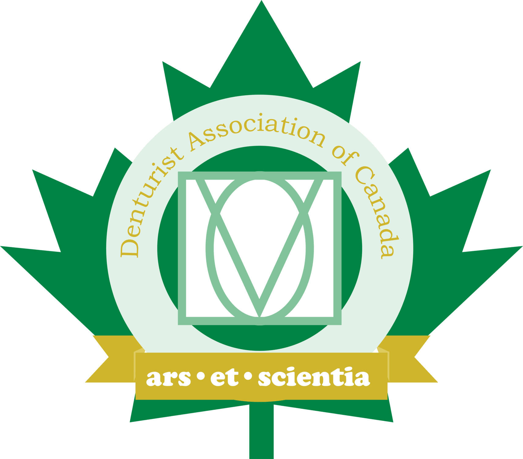 Green maple leaf logo of the Denturist Association of Canada. Contains a central design and gold banner with Latin text.