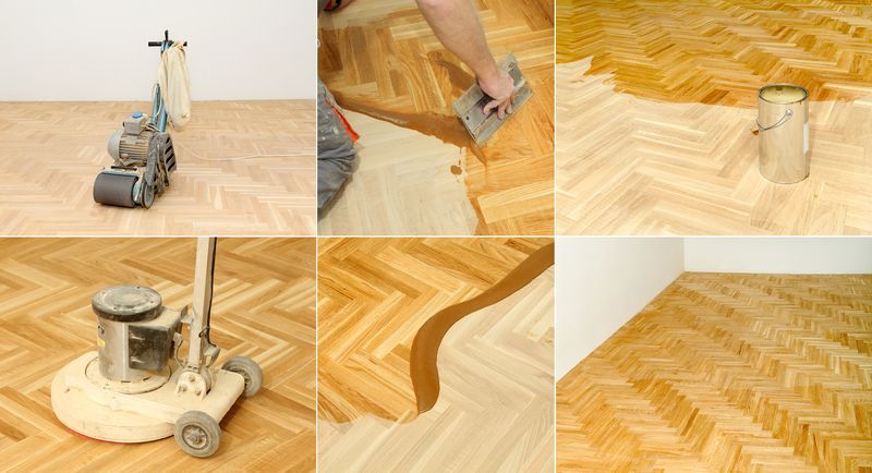 Various stages in the wood floor finishing process on a parquet floor beginning with sanding to restaining to a finish coat.