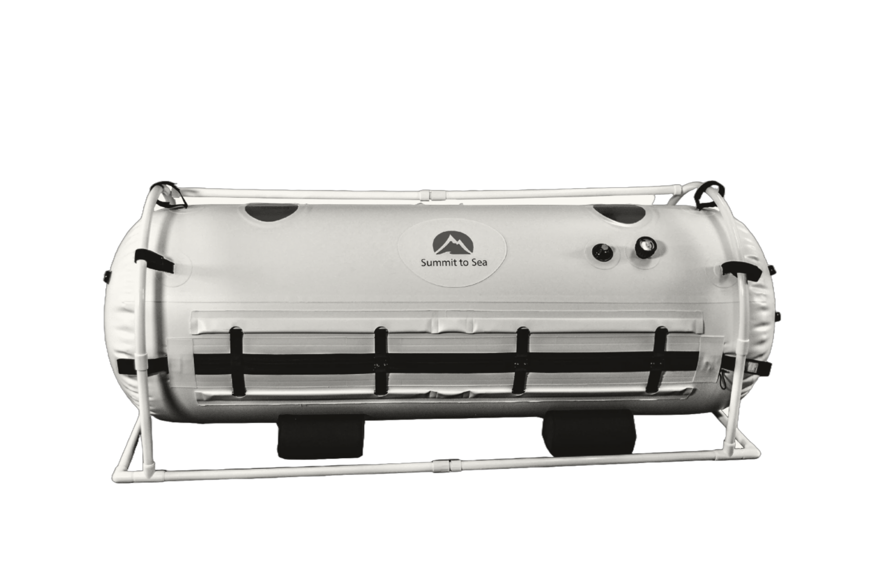 A silver hyperbaric chamber on a metal stand, with black straps.