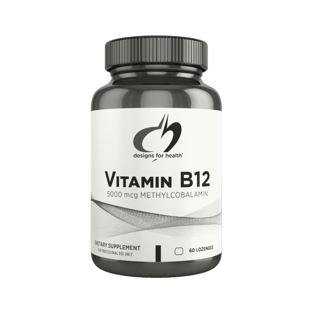Bottle of Designs for Health Vitamin B12 supplement, with white label and dark cap.