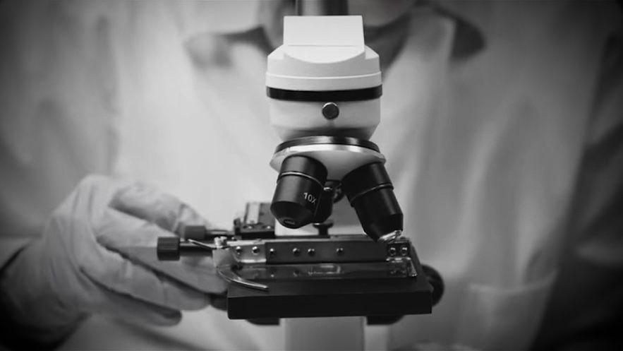 Person wearing gloves adjusting microscope in lab.
