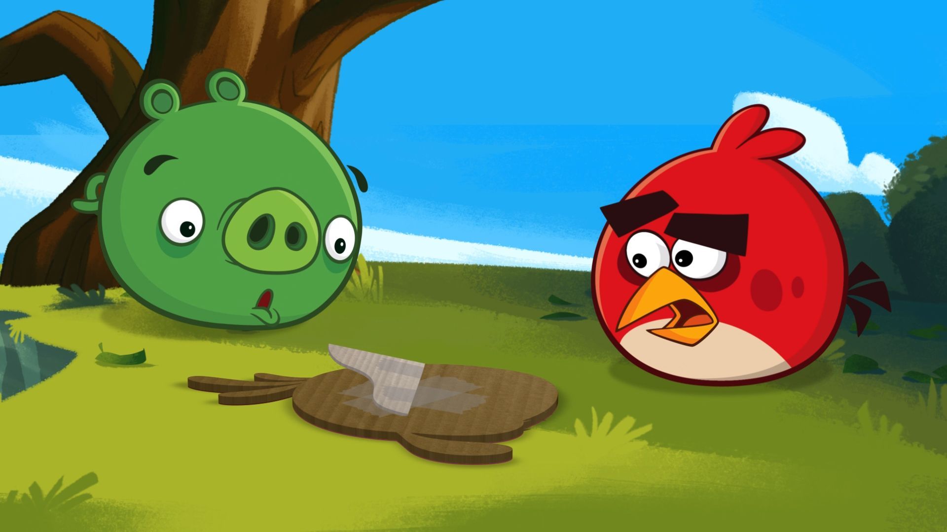 Angry Birds characters, pig tricking bird with cardboard cutout