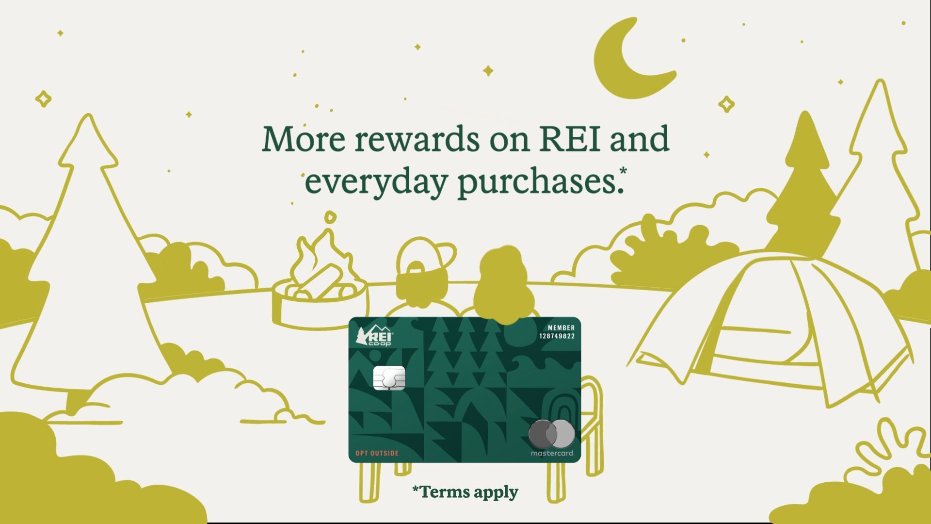 2 people on a bench made out of the REI Mastercard car at a camp site