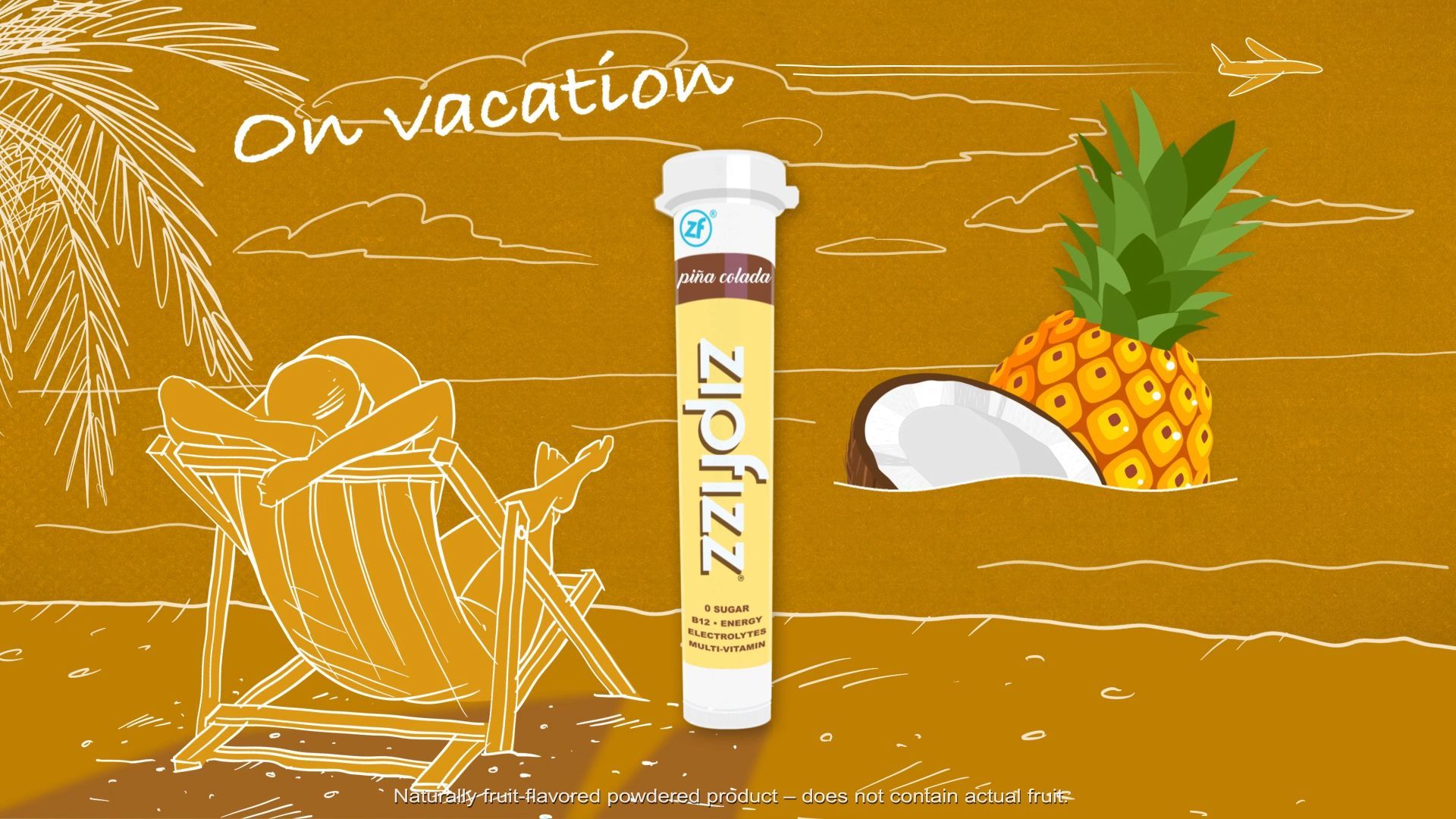 Person on a beach with a pinaple in the ocean and a large Zipfizz bottle