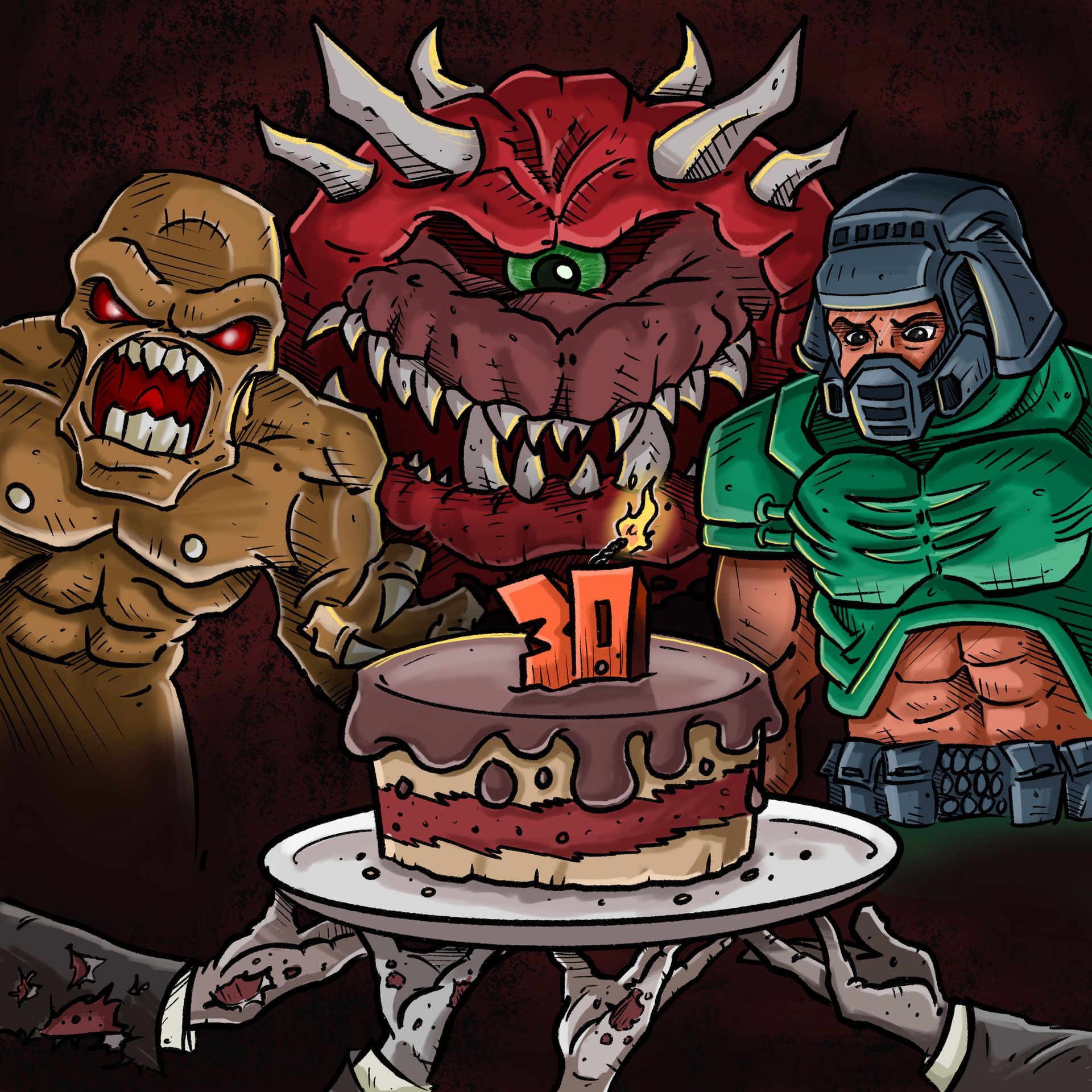 Characters from video game, Doom, with birthday cake with a 30 on it.