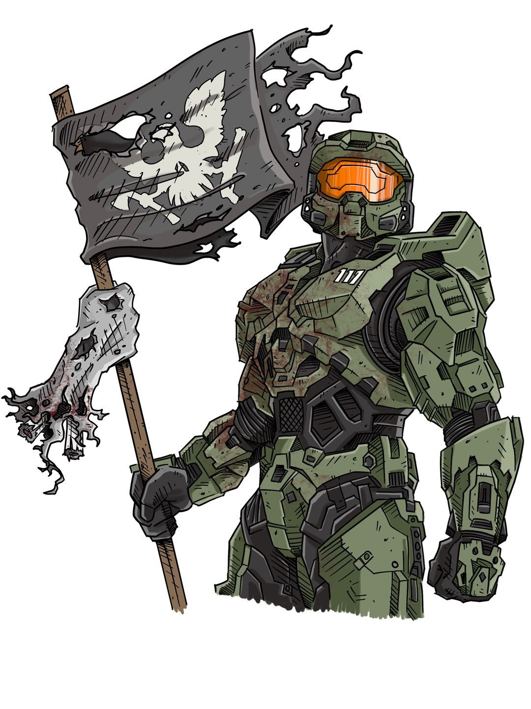 Master Chief from Halo with a beaten up flag with State of Decay 2's logo on it
