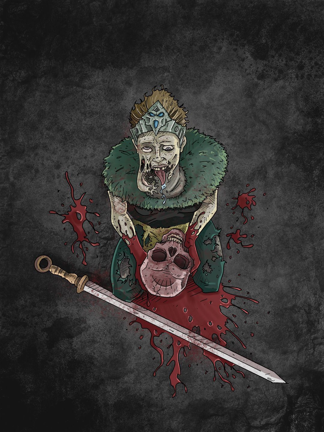 Spoof on Hellblades hero art, zombie holding a skull