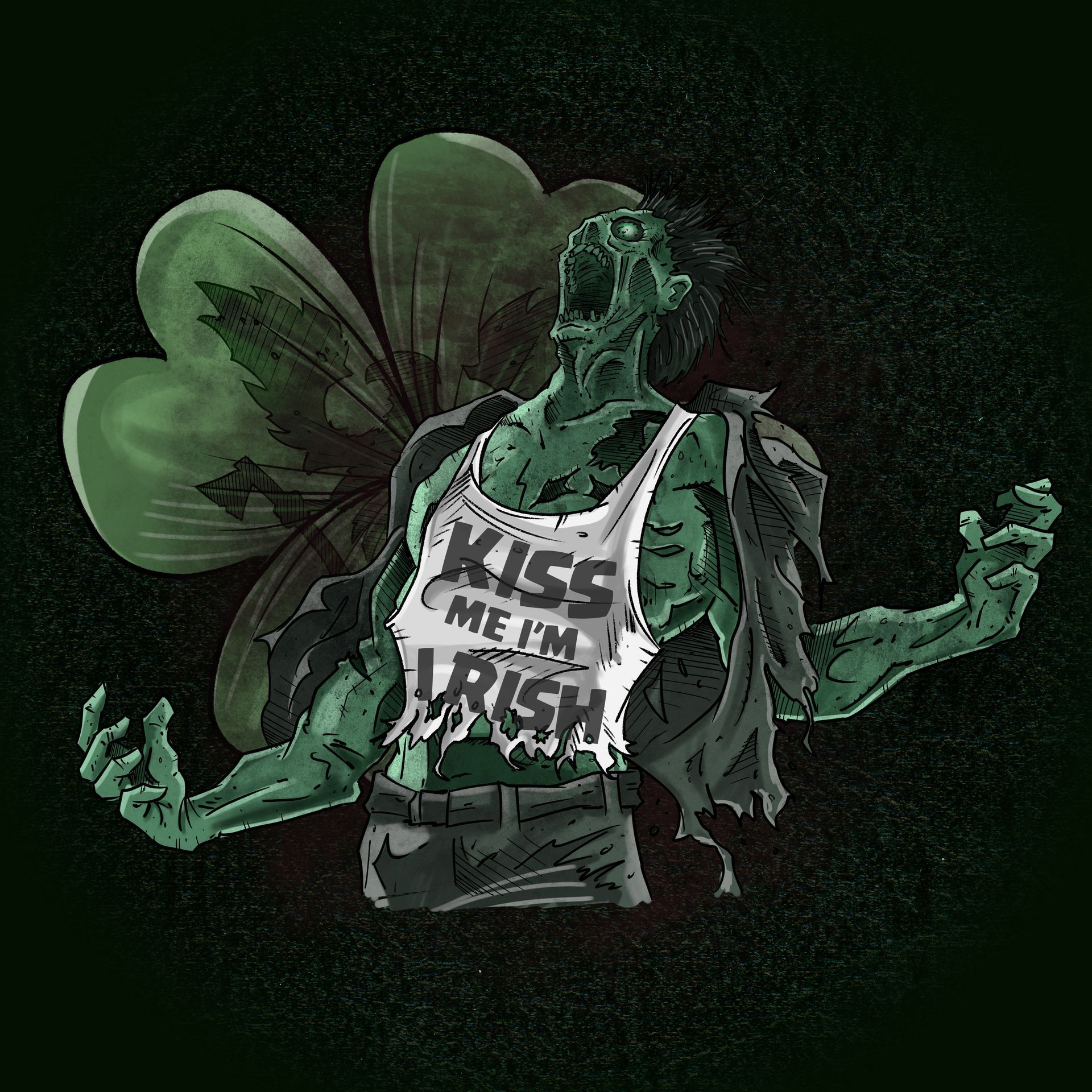 Feral Zombie from State of Decay 2 with decked out in Green and a shamerock behind him