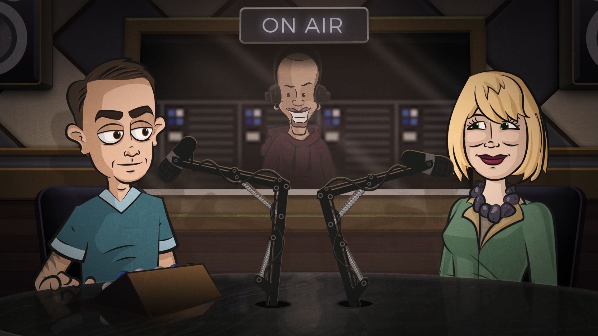 3 people in a radio station