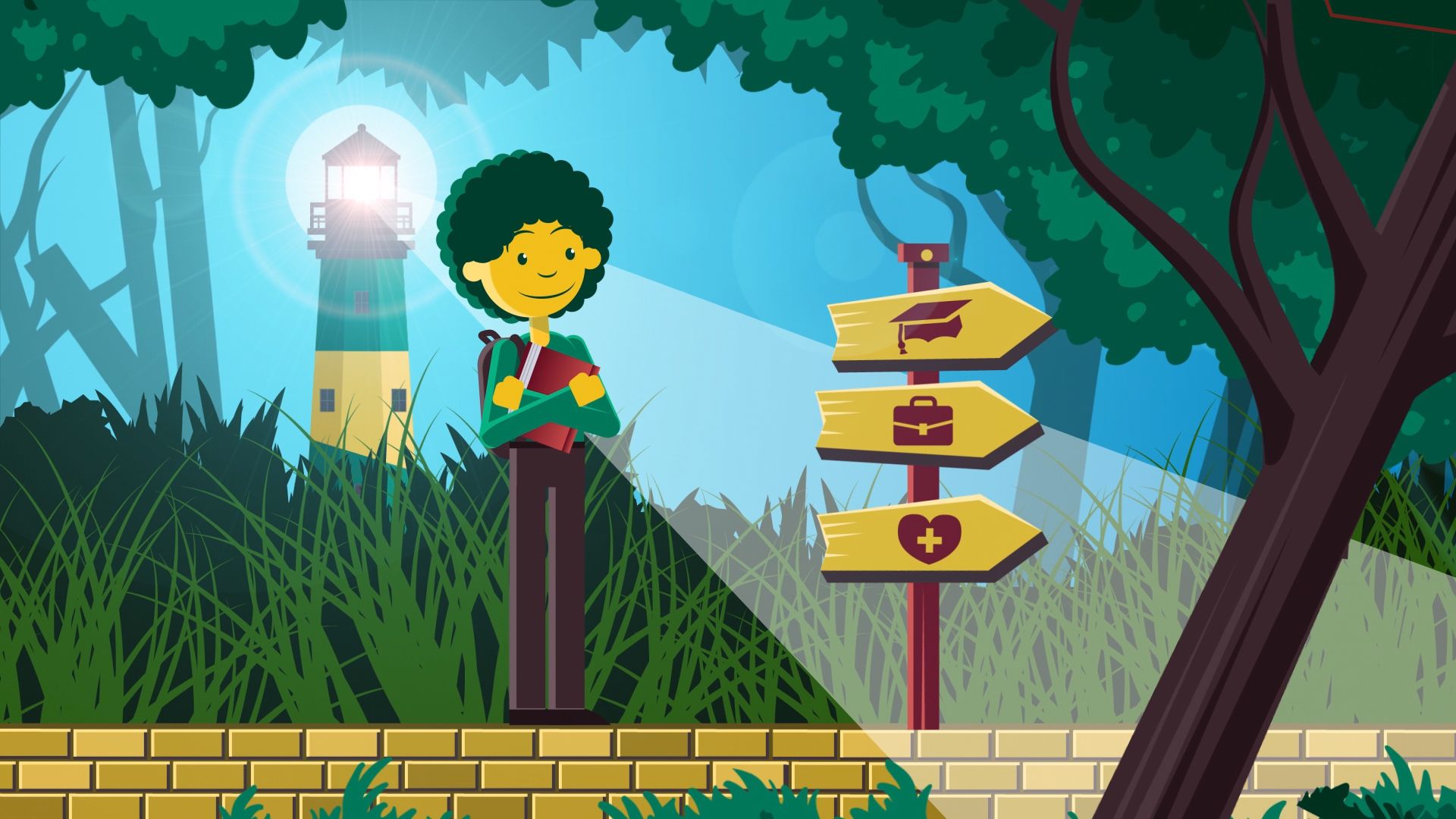 graphic of girl looking at a sign pointing the way ahead