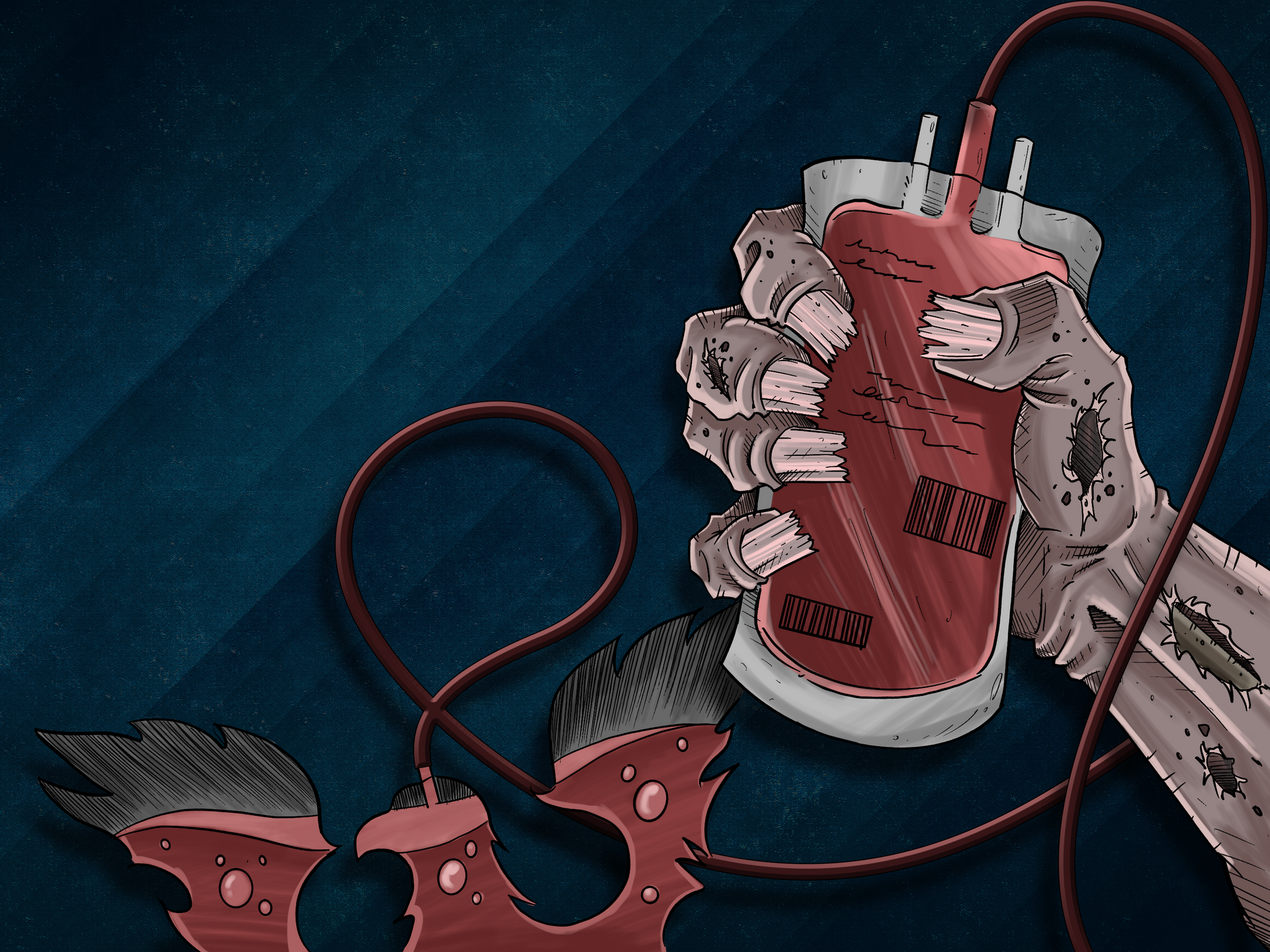 zombie hand holding a blood bag feeding into the State of Decay 2's logo