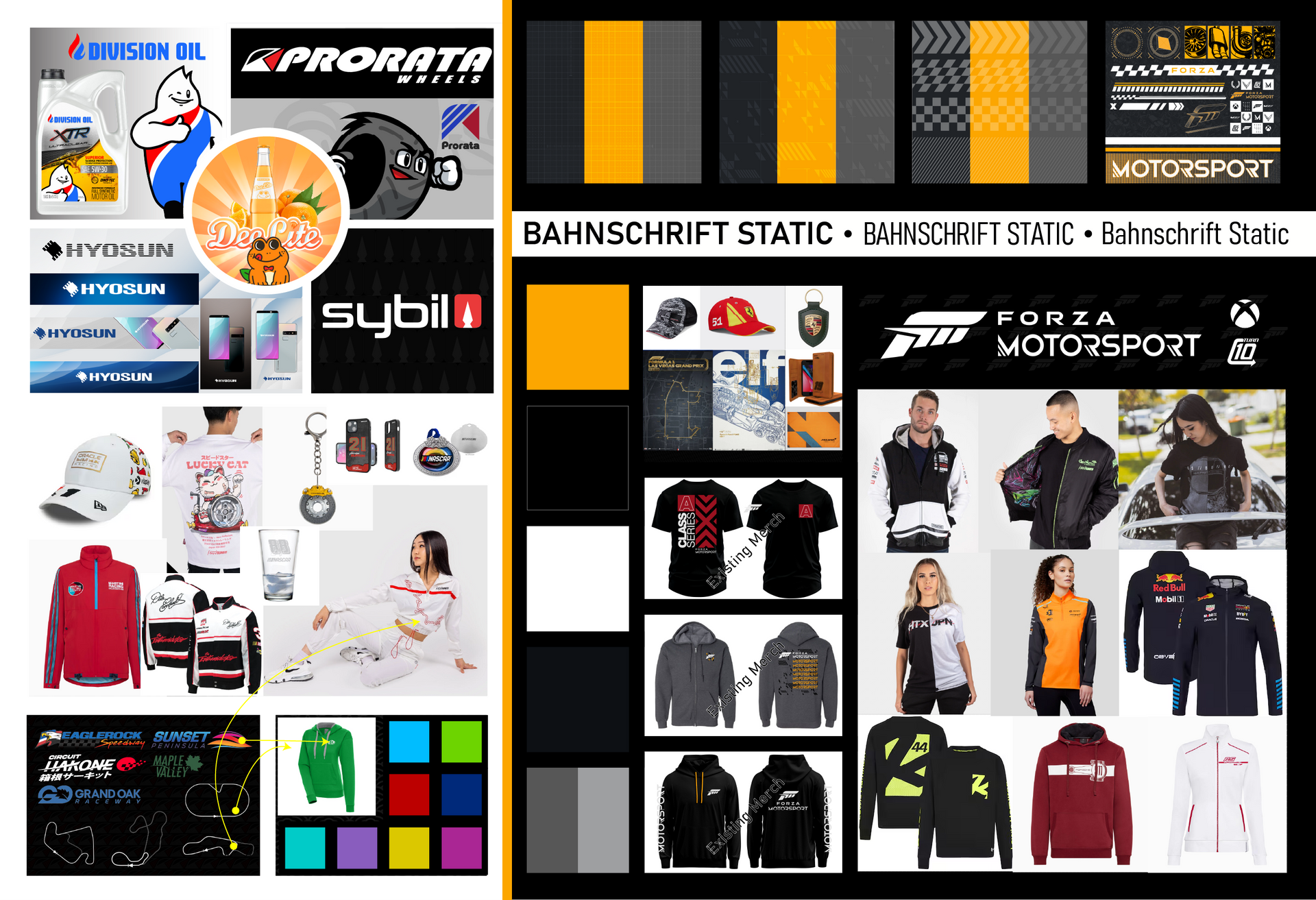 a collage of inspirational images and graphics for Forza Motorsport merchandise