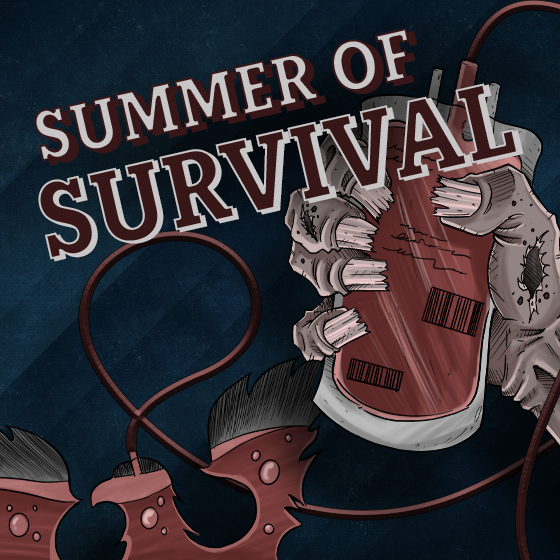 Summer of Survival logo with a zombie hand holding a blood bag flowing into the State of Decay 2 logo