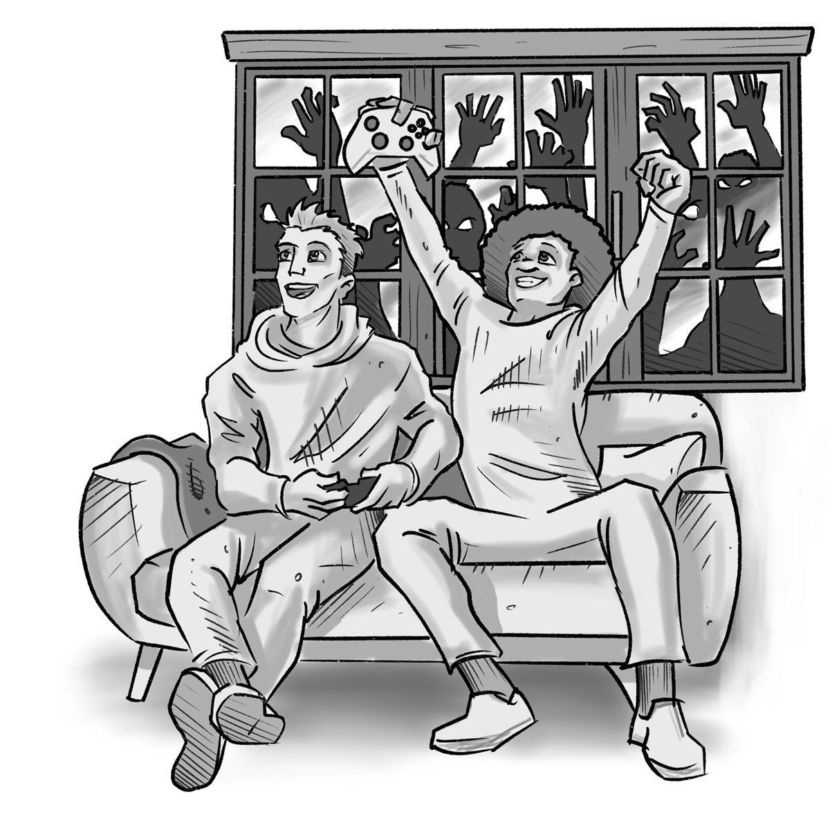 2 men playing video games with a window of zombies trying to get in behind them