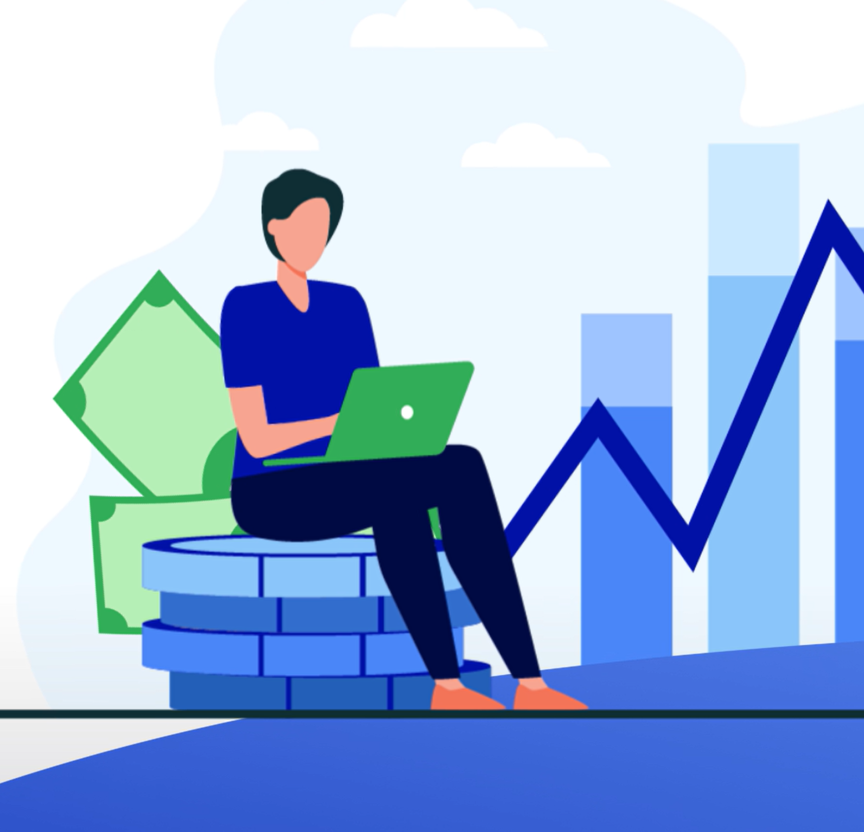 female on her computer with a graph behind her