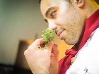 A man in a chef 's uniform is smelling a plant.