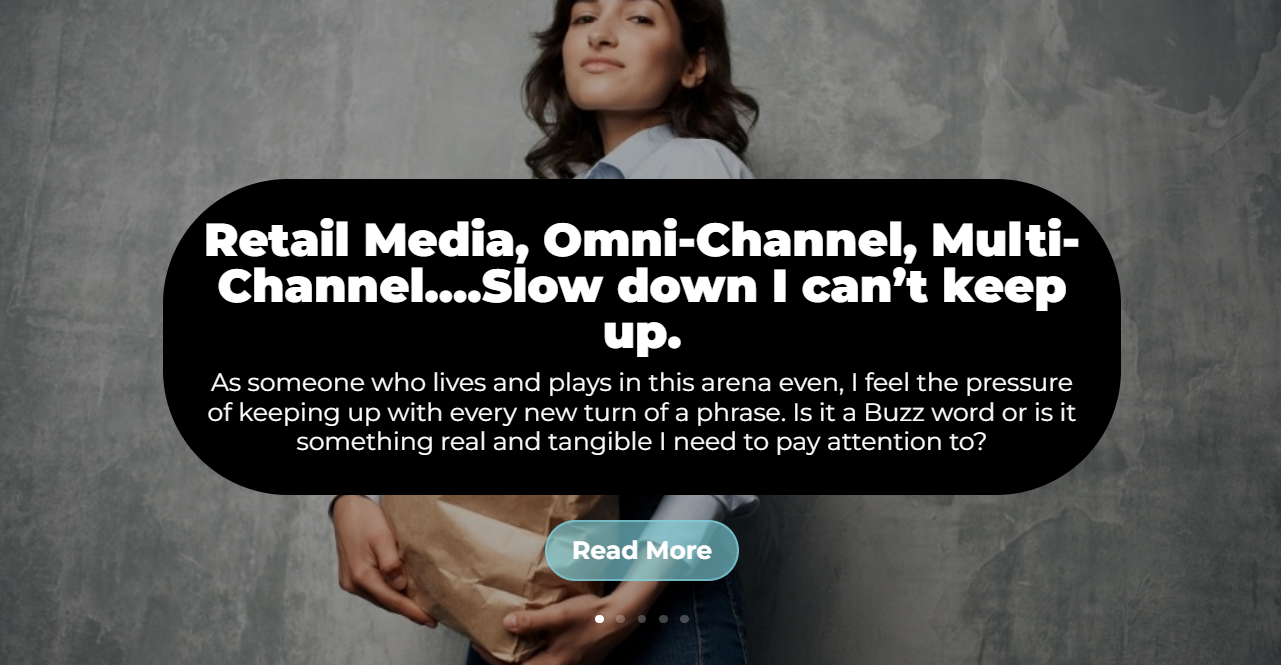 A woman is standing in front of a sign that says retail media omni channel multi channel slow down i can 't keep up.