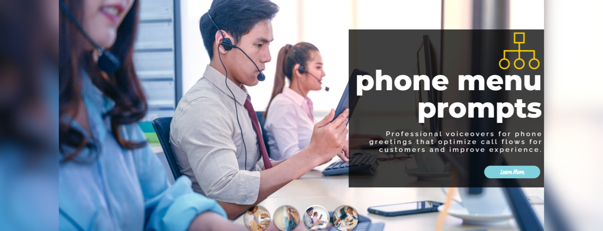 A group of people are sitting at a desk in a call center.