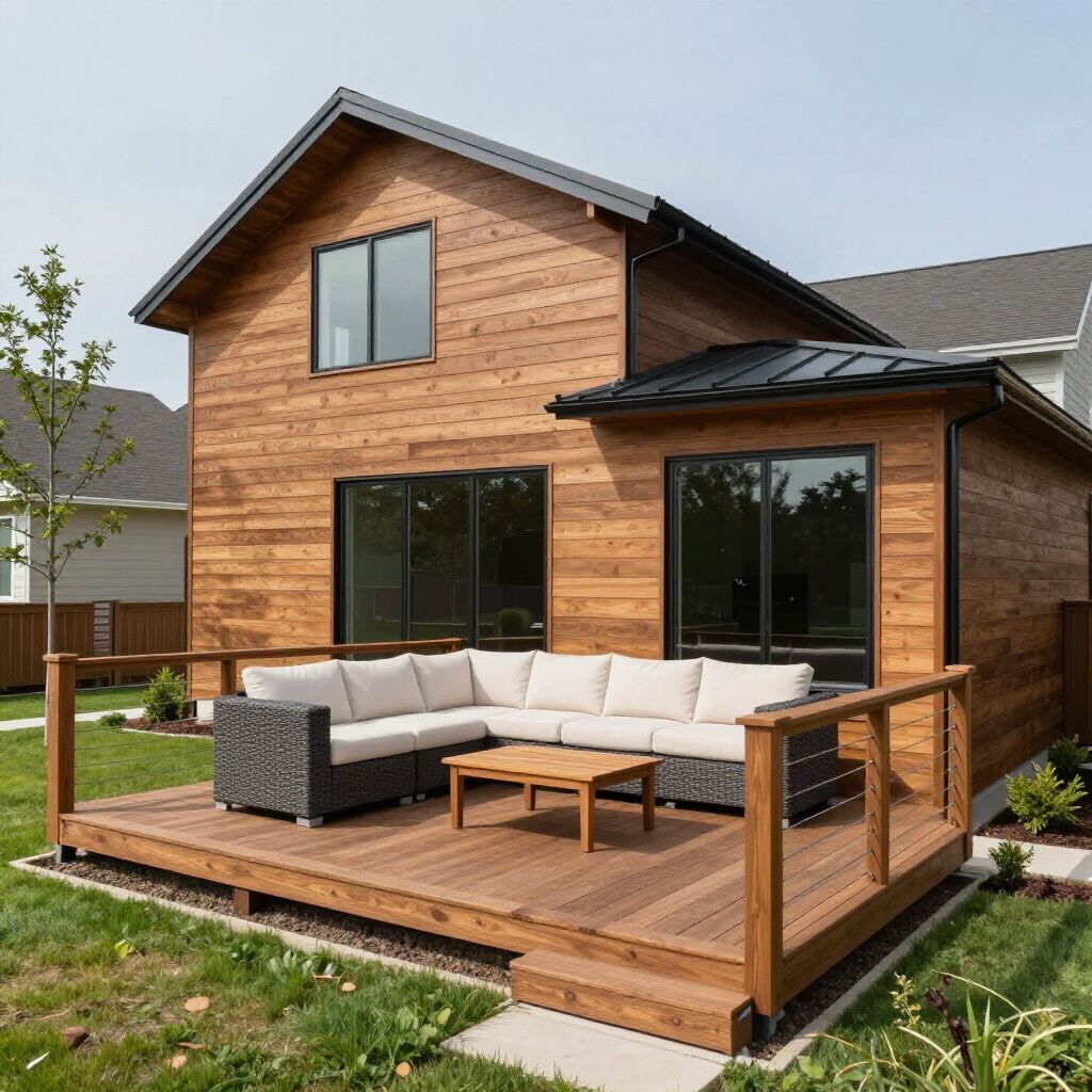 Wooden house with a deck and outdoor seating.