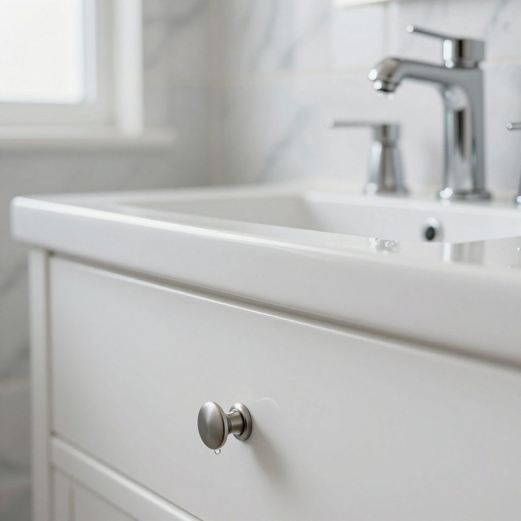 White bathroom vanity with silver faucet and drawer pull.