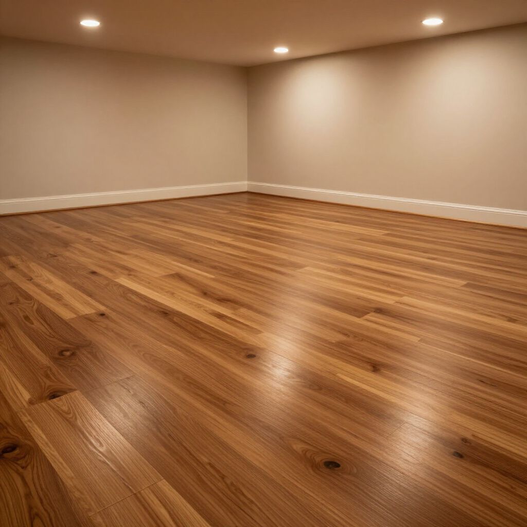 Empty room with wooden floor, white trim, and beige walls, lit by recessed ceiling lights.